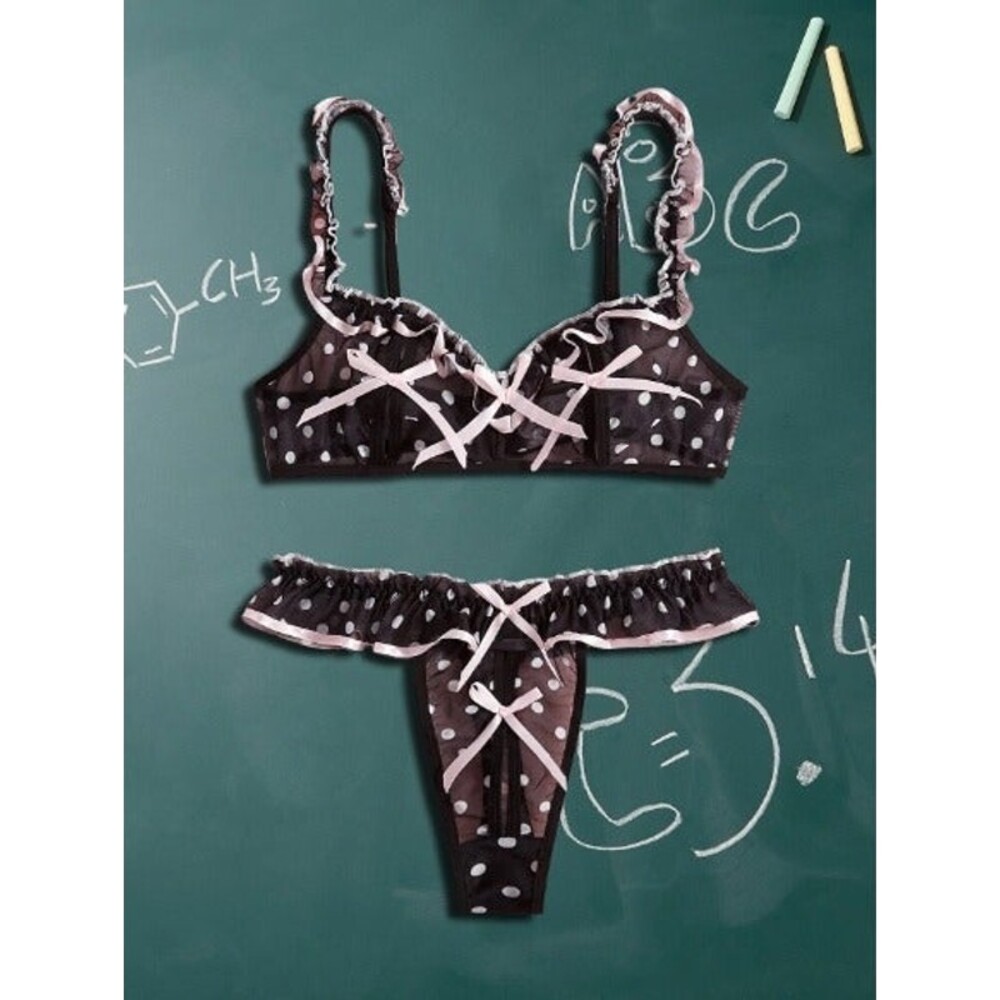 Size 10 (Large) Retro Polka Dot Frill Bow Decor Lingerie Set